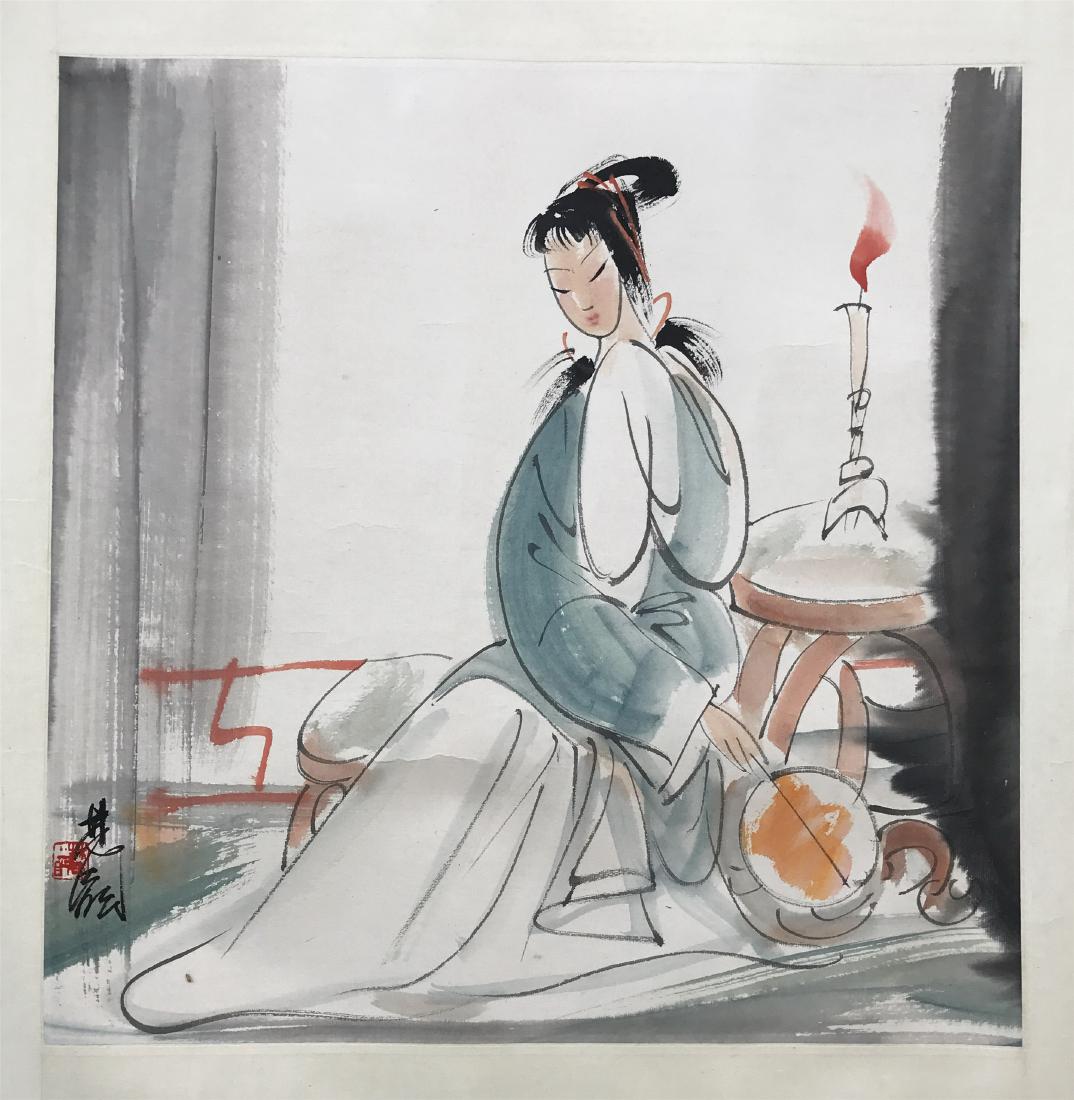 CHINESE SCROLL PAINTING OF SEATED BEAUTY: CHINESE SCROLL PAINTING OF SEATED BEAUTY. Signed and dated. Image only size 45 cm by 45 cm. Domestic shipping $20 and oversea $40. Combined shipping available. We accept pre-sale offer, phone bidding 
