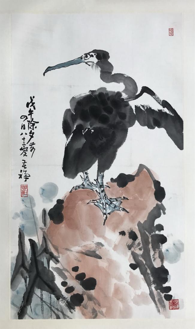 CHINESE SCROLL PAINTING OF BIRD ON ROCK: CHINESE SCROLL PAINTING OF BIRD ON ROCK. Signed and dated. Image only size 95 cm by 54 cm. Domestic shipping $20 and oversea $40. Combined shipping available. We accept pre-sale offer, phone bidding a