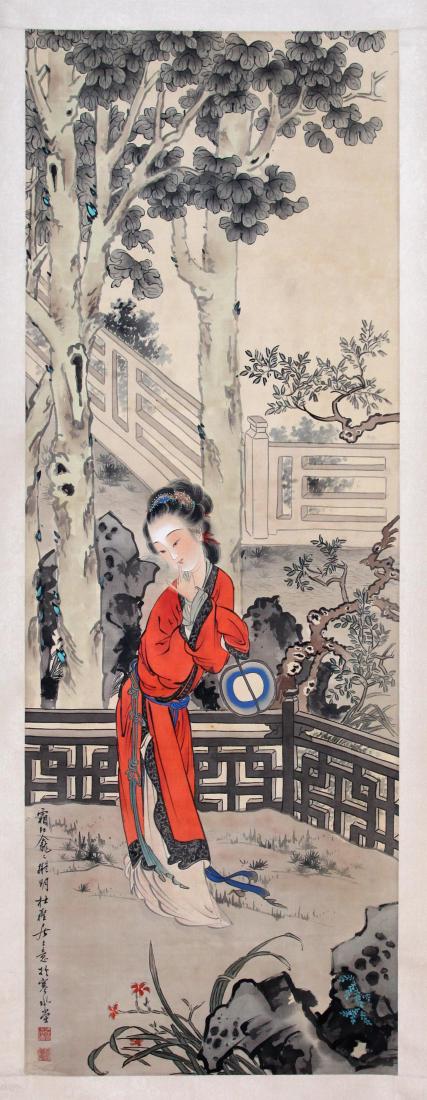 CHINESE SCROLL PAINTING OF BEAUTY IN GARDEN: CHINESE SCROLL PAINTING OF BEAUTY IN GARDEN. Signed and dated. Image only size 104 cm by 37 cm. Domestic shipping $20 and oversea $40. Combined shipping available. We accept pre-sale offer, phone bidd