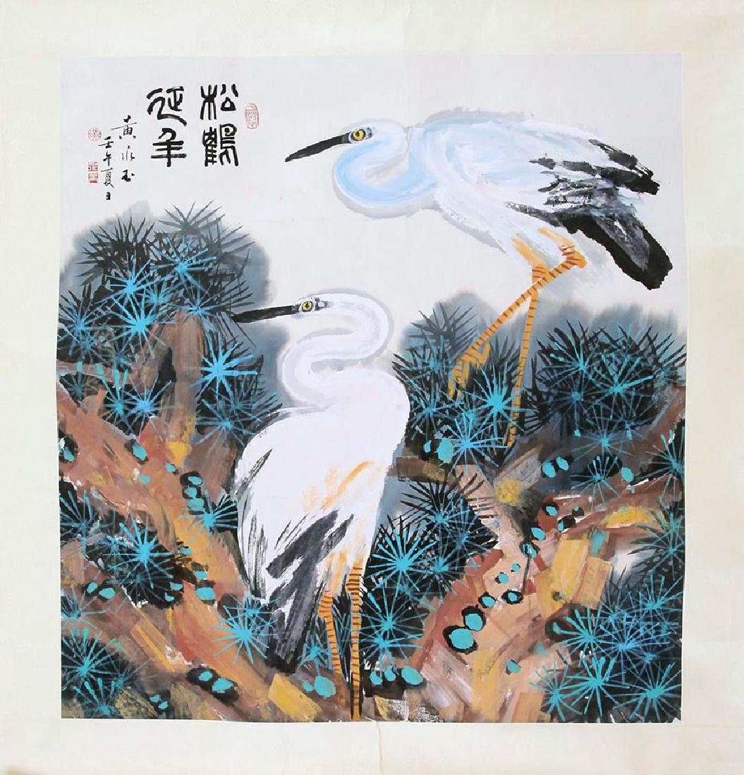 CHINESE SCROLL PAINTING OF CRANES ON TREE WITH (1 of 5)