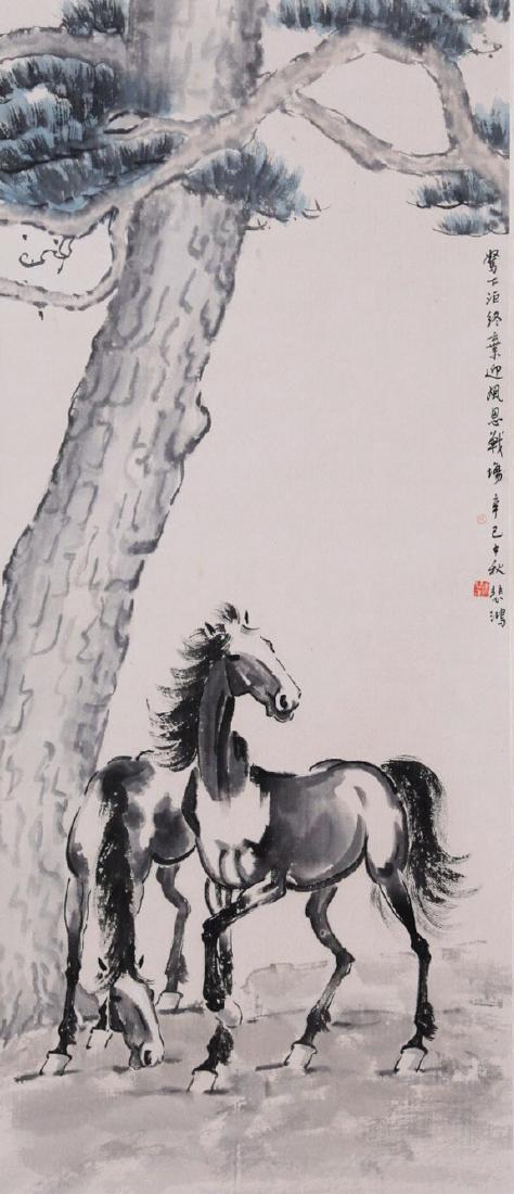 CHINESE SCROLL PAINTING OF HORSES UNDER TREE: CHINESE SCROLL PAINTING OF HORSES UNDER TREE. Signed and dated. Image only size 100 cm by 43 cm. Domestic shipping $20 and oversea $40. Combined shipping available. We accept pre-sale offer, phone bid
