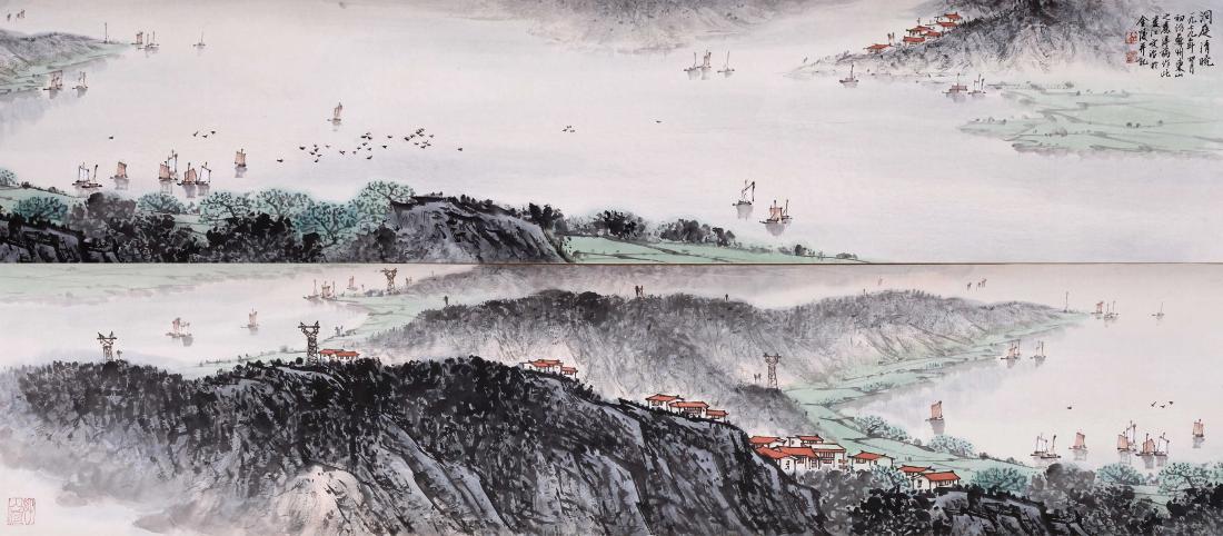 CHINESE HAND SCROLL PAINTING OF MOUNTAIN VIEWS WITH: CHINESE HAND SCROLL PAINTING OF MOUNTAIN VIEWS WITH PUBLICATION. Signed and dated. Image only size 239 cm by 30 cm. Domestic shipping $20 and oversea $40. Combined shipping available. We accept pre-sa