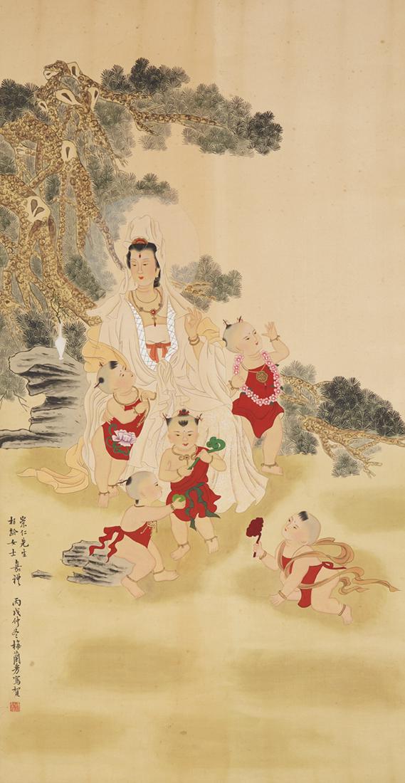 CHINESE SCROLL PAINTING OF GUANYIN AND BOYS (1 of 5)