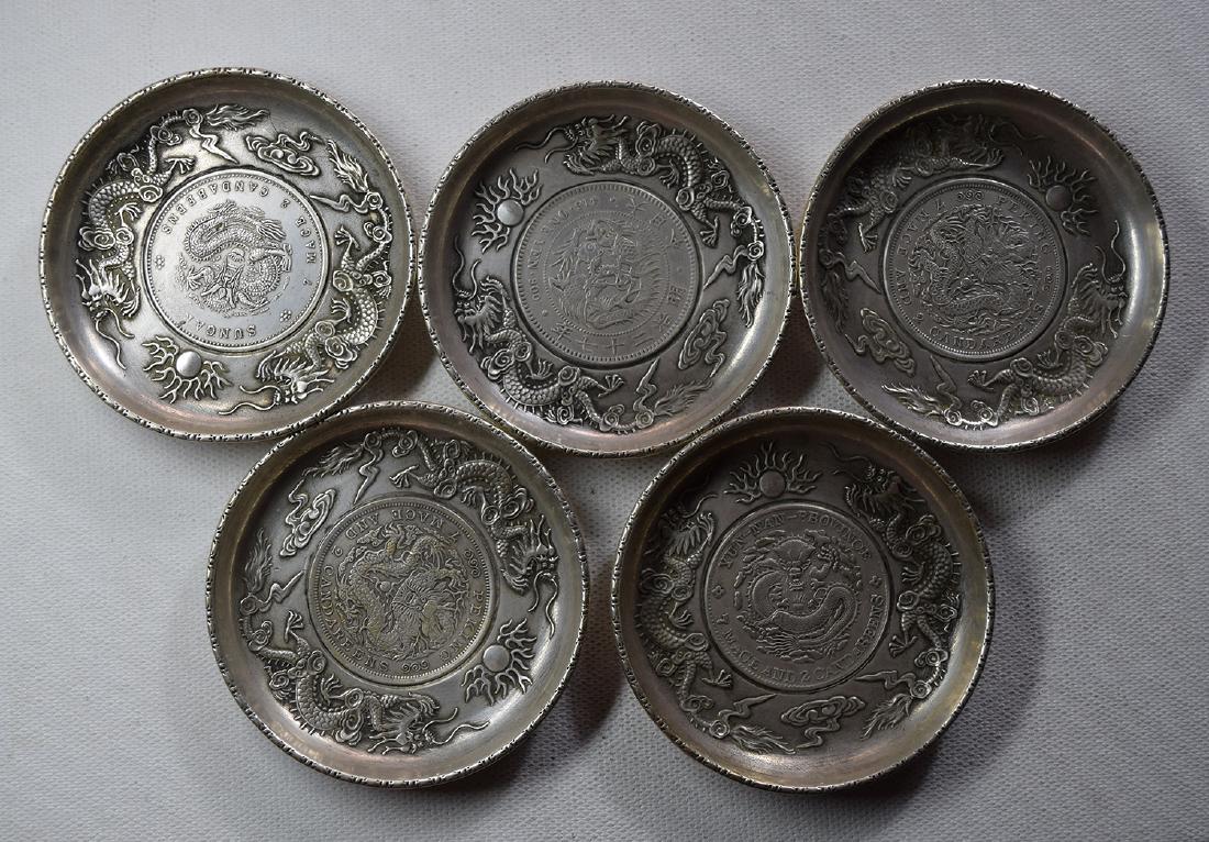 FIVE CHINESE SILVER COIN DISHES (1 of 3)