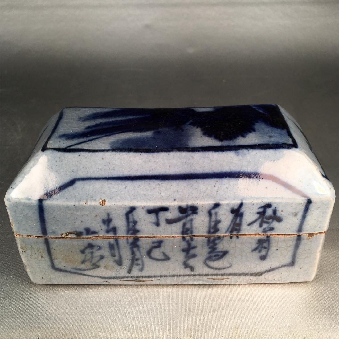 CHINESE PORCELAIN BLUE AND WHITE BOX: CHINESE PORCELAIN BLUE AND WHITE BOX. L. 14 cm. W. 8 cm. H. 8 cm. Domestic shipping $20 and oversea $40. Combined shipping available. We accept pre-sale offer, phone bidding and post sale offer. For b
