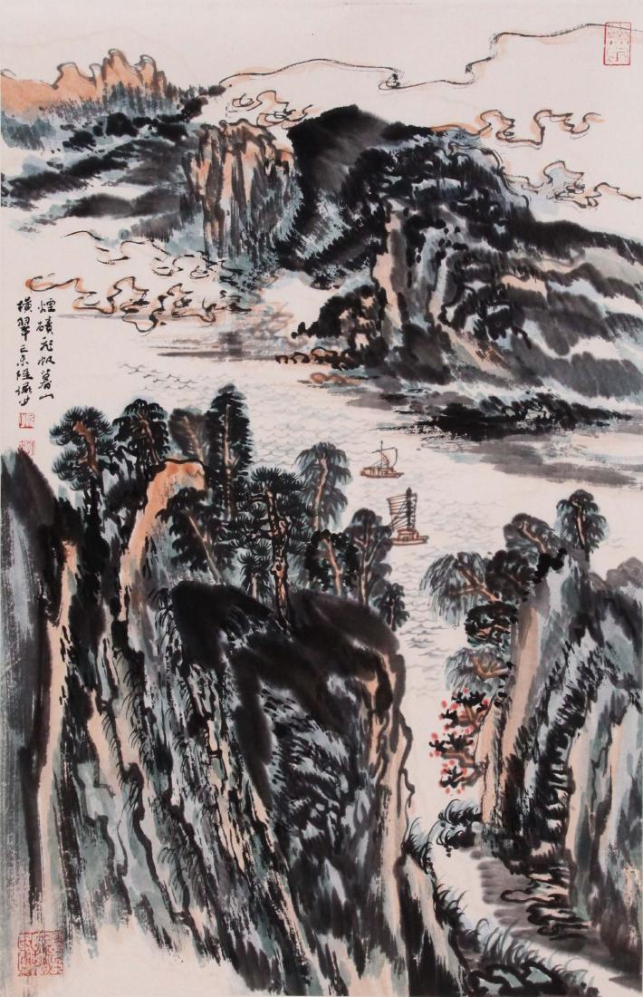 CHINESE SCROLL PAINTING OF MOUNTAIN VIEWS WITH: CHINESE SCROLL PAINTING OF MOUNTAIN VIEWS WITH PUBLICATION. Signed and dated. Image only size 67 cm by 43 cm. Domestic shipping $20 and oversea $40. Combined shipping available. We accept pre-sale off