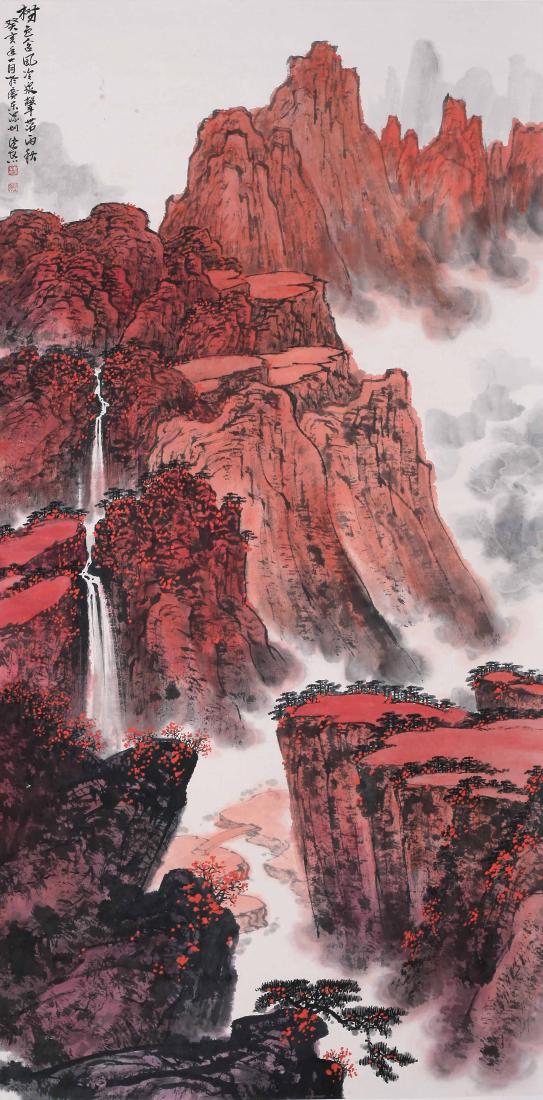 CHINESE SCROLL PAINTING OF MOUNTAIN VIEWS WITH: CHINESE SCROLL PAINTING OF MOUNTAIN VIEWS WITH PUBLICATION. Signed and dated. Image only size 138 cm by 69 cm. Domestic shipping $20 and oversea $40. Combined shipping available. We accept pre-sale of