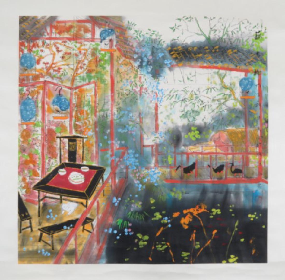 CHINESE SCROLL PAINTING OF GARDEN VIEWS: CHINESE SCROLL PAINTING OF GARDEN VIEWS. Signed and dated. Image only size 136 cm by 66 cm. Domestic shipping $20 and oversea $40. Combined shipping available. We accept pre-sale offer, phone bidding 