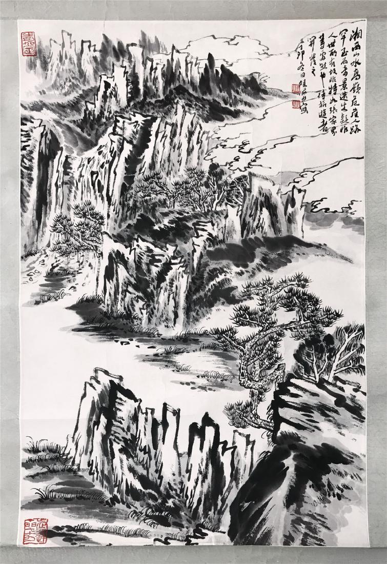 CHINESE SCROLL PAINTING OF MOUNTAIN VIEWS: CHINESE SCROLL PAINTING OF MOUNTAIN VIEWS. Signed and dated. Image only size 69 cm by 46 cm. Domestic shipping $20 and oversea $60. Combined shipping available. We accept pre-sale offer, phone bidding