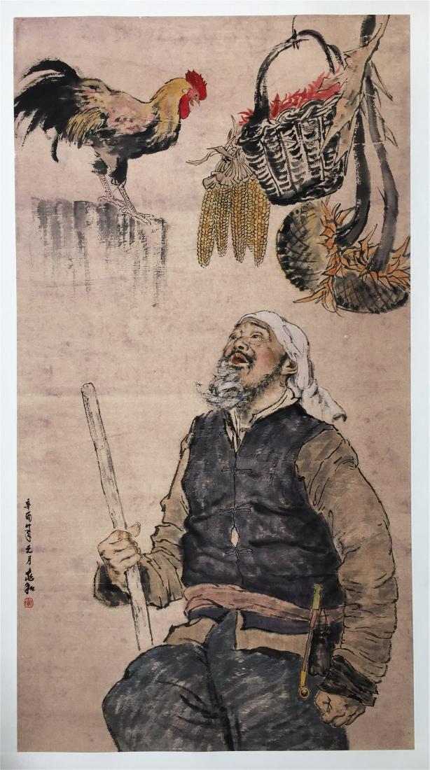 CHINESE SCROLL PAINTING OF OLD MAN AND CHICKEN (1 of 6)