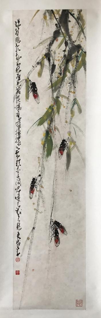 CHINESE SCROLL PAINTING OF INSECT IN WILLOW: CHINESE SCROLL PAINTING OF INSECT IN WILLOW. Signed and dated. Image only size 136 cm by 33 cm. Domestic shipping $20 and oversea $60. Combined shipping available. We accept pre-sale offer, phone bidd