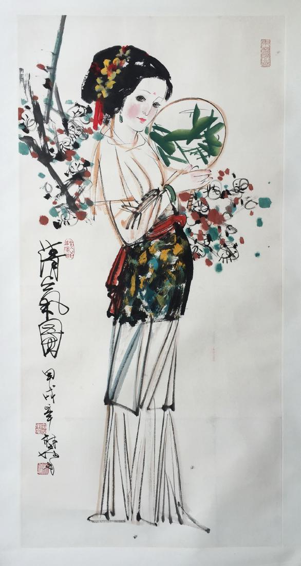 CHINESE SCROLL PAINTING OF STANDING BEAUTY: CHINESE SCROLL PAINTING OF STANDING BEAUTY. Signed and dated. Image only size 136 cm by 67 cm. Domestic shipping $20 and oversea $60. Combined shipping available. We accept pre-sale offer, phone biddi