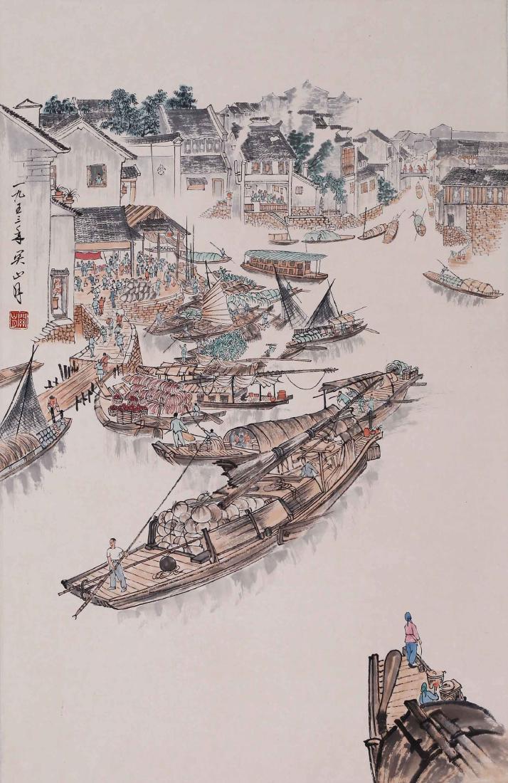 CHINESE SCROLL PAINTING OF BOATS ON RIVER (1 of 6)