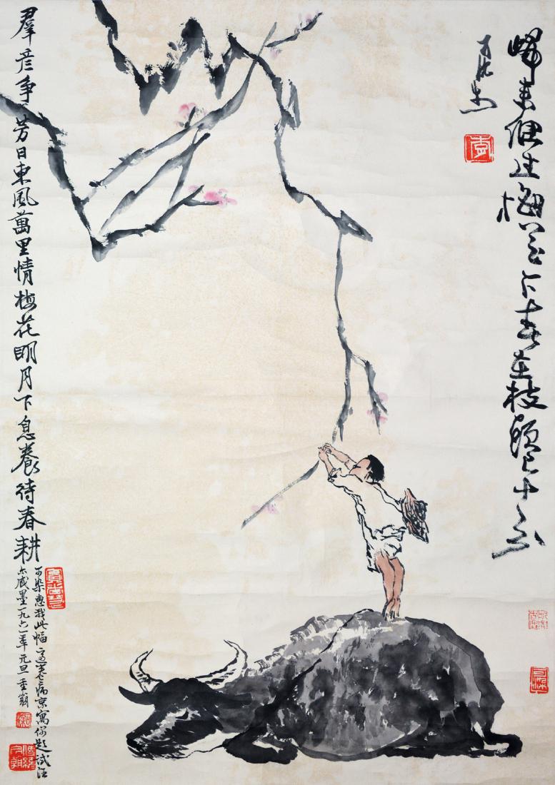 CHINESE SCROLL PAINTING OF COWBOY ON BACK OF OX: CHINESE SCROLL PAINTING OF COWBOY ON BACK OF OX. Signed and dated. Image only size 72 cm by 51 cm. Domestic shipping $20 and oversea $60. Combined shipping available. We accept pre-sale offer, phone b