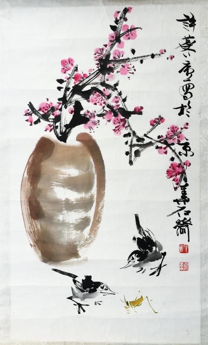 CHINESE SCROLL PAINTING OF BIRD AND FLOWER: CHINESE SCROLL PAINTING OF BIRD AND FLOWER. Signed and dated. Image only size 68 cm by 39 cm. Domestic shipping $20 and oversea $60. Combined shipping available. We accept pre-sale offer, phone biddin