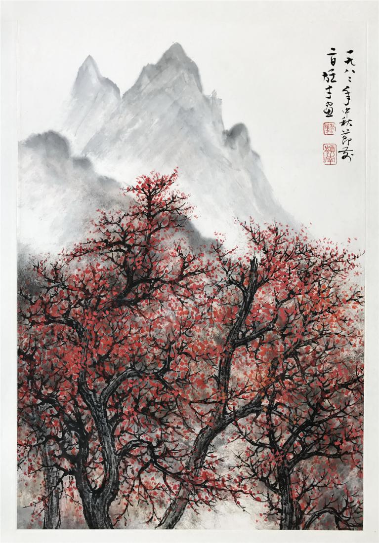 CHINESE SCROLL PAINTING OF MOUNTAIN VIEWS: CHINESE SCROLL PAINTING OF MOUNTAIN VIEWS. Signed and dated. Image only size 67 cm by 45 cm. Domestic shipping $20 and oversea $60. Combined shipping available. We accept pre-sale offer, phone bidding