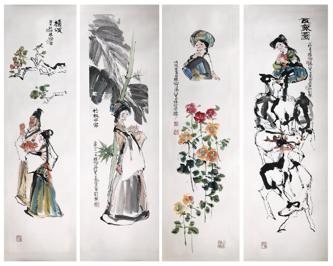 FOUR PANELS OF CHINESE SCROLL PAINTING OF GIRLS AND (1 of 7)