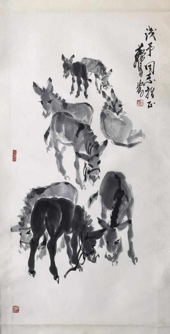 CHINESE SCROLL PAINTING OF DONKEY: CHINESE SCROLL PAINTING OF DONKEY. Signed and dated. Image only size 96 cm by 46 cm. Domestic shipping $20 and oversea $60. Combined shipping available. We accept pre-sale offer, phone bidding and pos