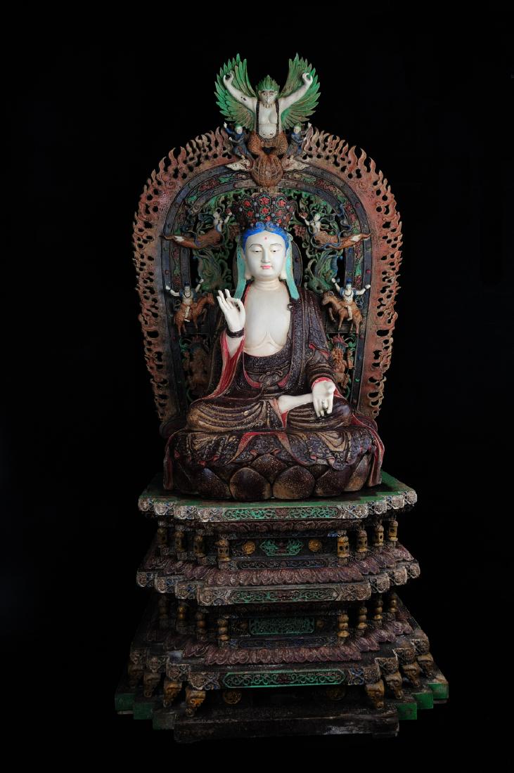 COLOR LACQUER NANMU SEATED GUANYIN: COLOR LACQUER NANMU SEATED GUANYIN. H. 132 cm. W. 53 cm. Domestic shipping $200 and oversea $600. Combined shipping available. We accept pre-sale offer, phone bidding and post sale offer. For buyers f