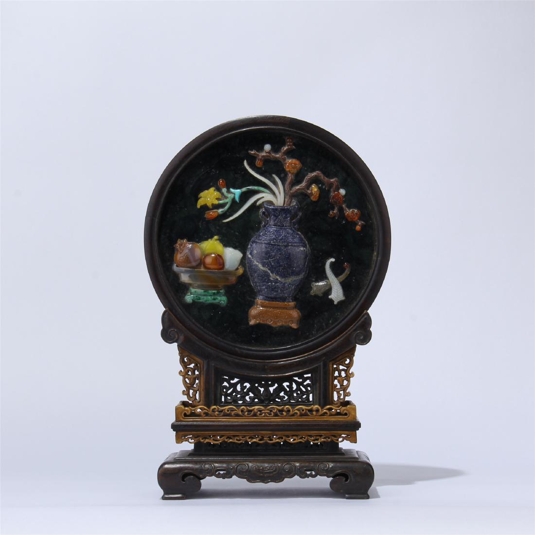 CHINESE ROSEWOOD TABLE SCREEN WITH ROUND GEMSTONE (1 of 9)