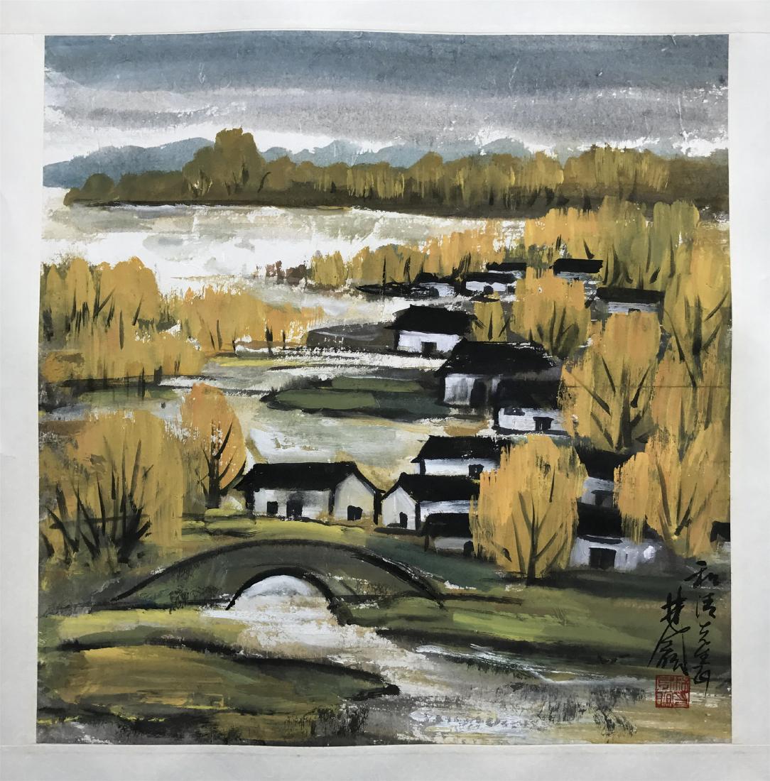 CHINESE SCROLL PAINTING OF LANDSCAPE: CHINESE SCROLL PAINTING OF LANDSCAPE. Signed and dated. Image only size 45 cm by 45 cm. Domestic shipping $20 and oversea $60. Combined shipping available. We accept pre-sale offer, phone bidding and 