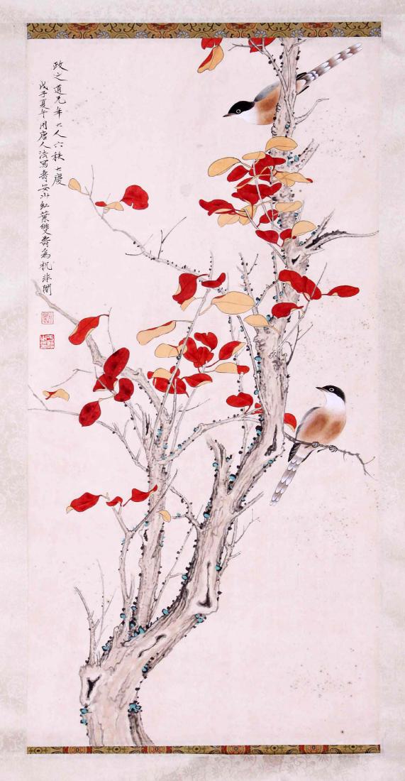 CHINESE SCROLL PAINTING OF BIRD AND FLOWRE: CHINESE SCROLL PAINTING OF BIRD AND FLOWER. Signed and dated. Image only size 80 cm by 39 cm. Domestic shipping $20 and oversea $60. Combined shipping available. We accept pre-sale offer, phone biddin