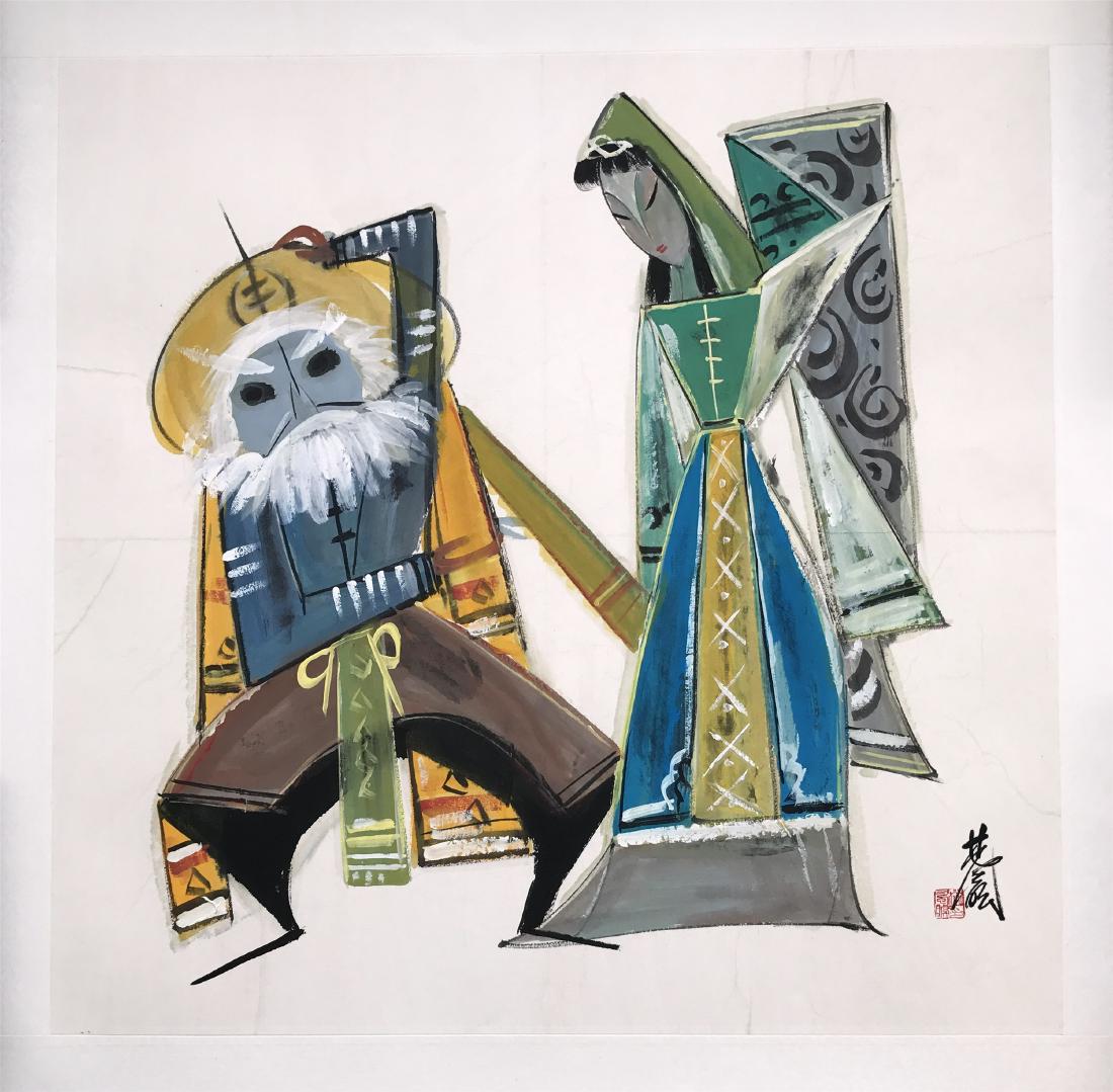 CHINESE SCROLL PAINTING OF TWO OPERA FIGURES (1 of 4)