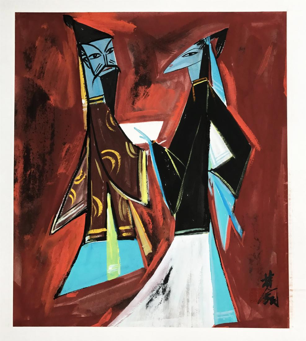 CHINESE SCROLL PAINTING OF TWO OPERA FIGURES (1 of 3)