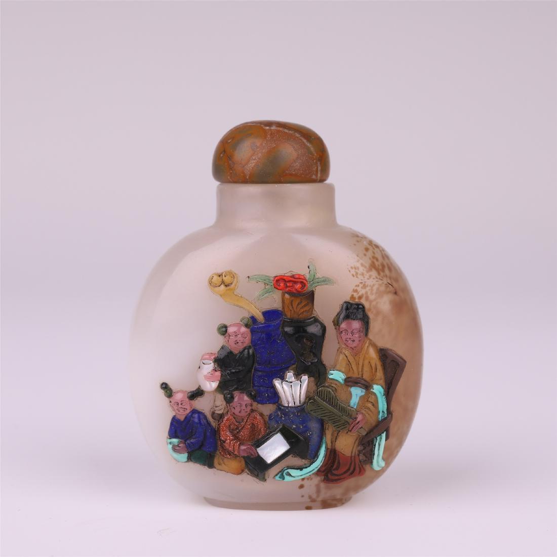 CHINESE GEM STONE INLAID AGATE SNUFF BOTTLE (1 of 6)