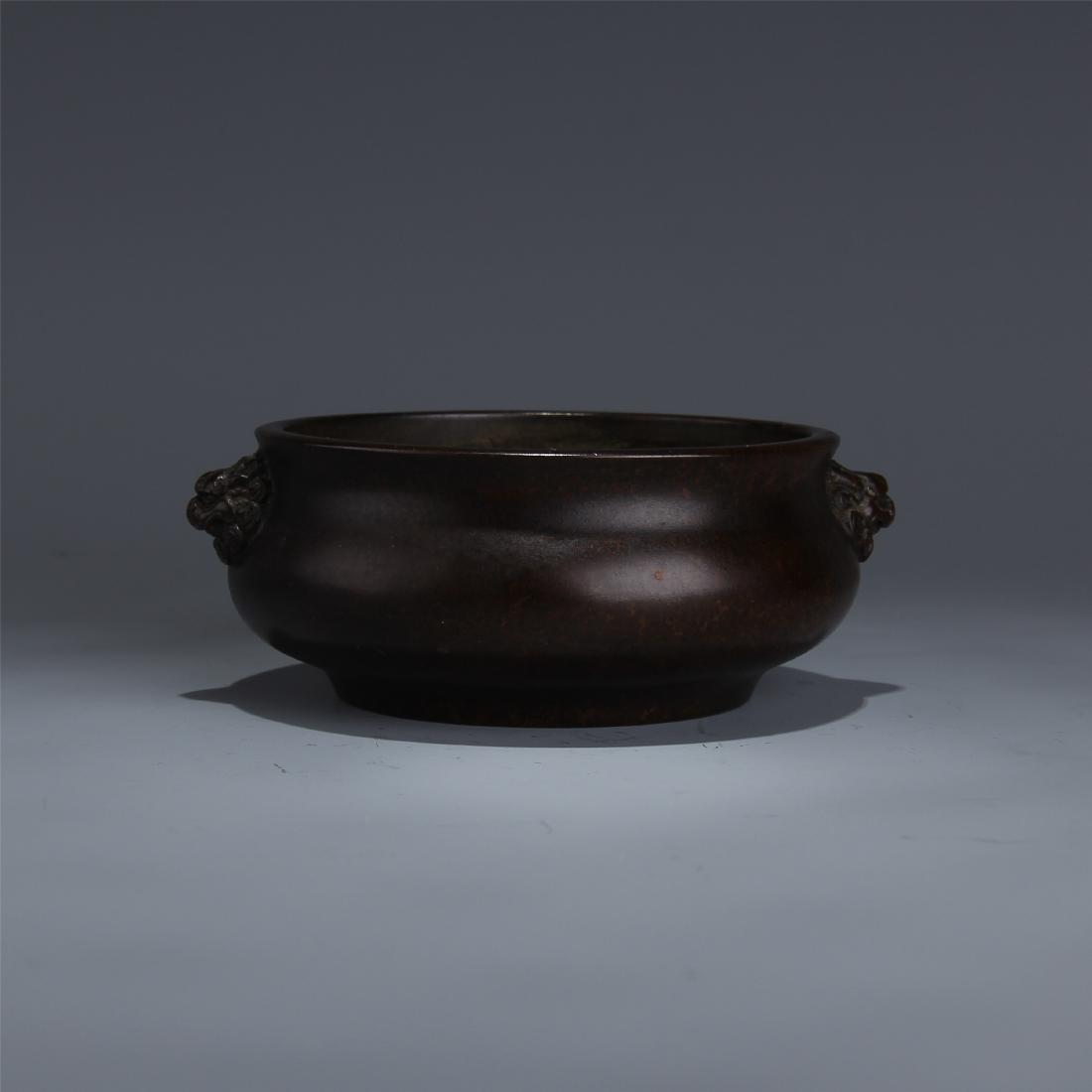 CHINESE BRONZE LION HEAD HANDLE ROUND CENSER (1 of 6)