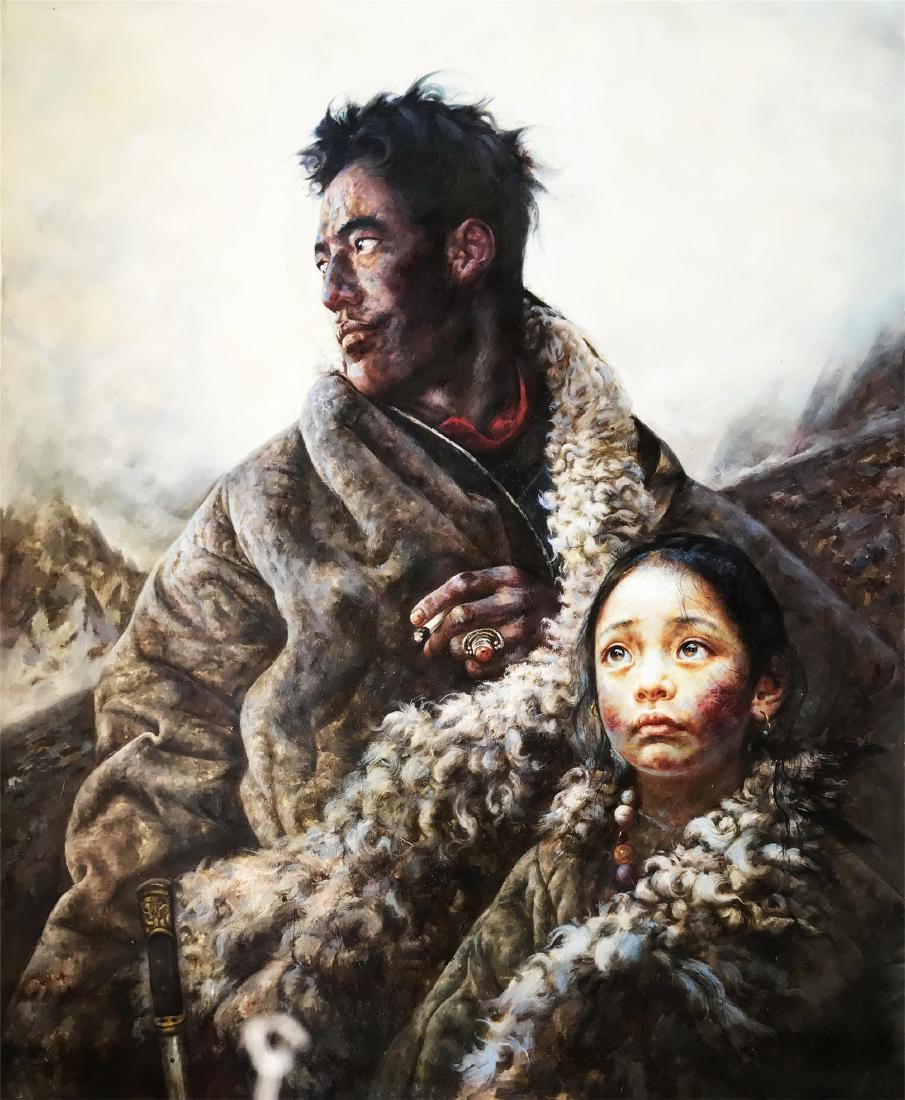 CHINESE OIL PAINTING ON CANVOS OF FATHER AND DAUGHTER (1 of 4)