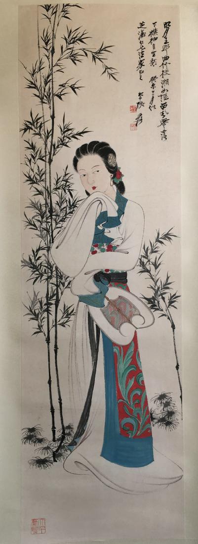 CHINESE SCROLL PAINTING OF LADY UNDER BAMBOO (1 of 4)