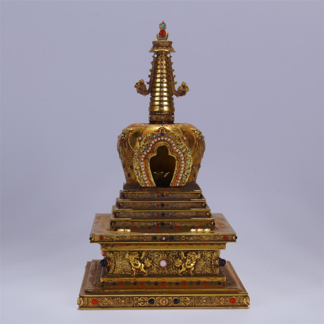 CHINESE GILT BRONZE GEM STONE INLAID BUDDHA TOWER (1 of 10)