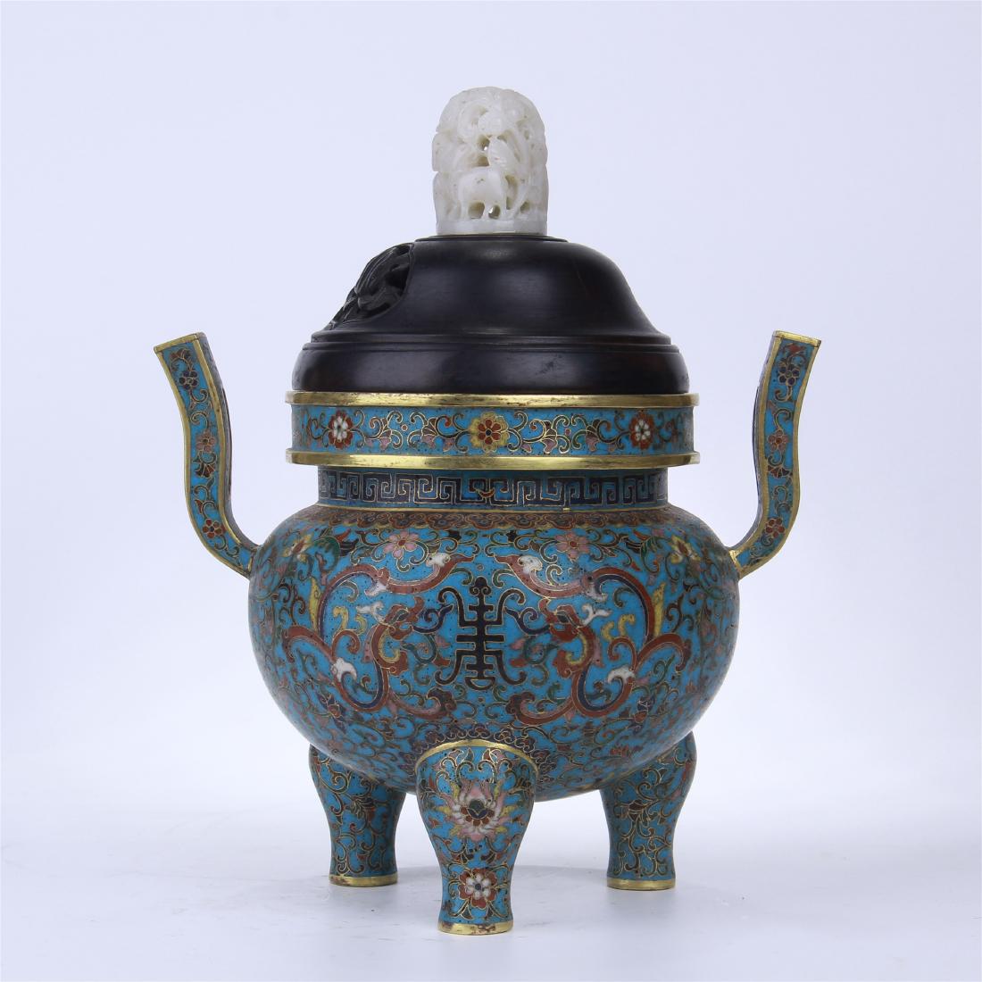 CHINESE CLOISONNE TRIPLE FEET CENSER WITH WHITE JADE: CHINESE CLOISONNE TRIPLE FEET CENSER WITH WHITE JADE KNOB COVER. H. 22 cm. W. 18 cm. Weight 1403 gram. Domestic shipping $20 and oversea $60. Combined shipping available. Pick-up available in our NJ w