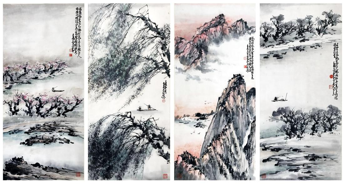 FOUR PANELS OF CHINESE SCROLL PAINTING OF LAKEVIEWS (1 of 8)