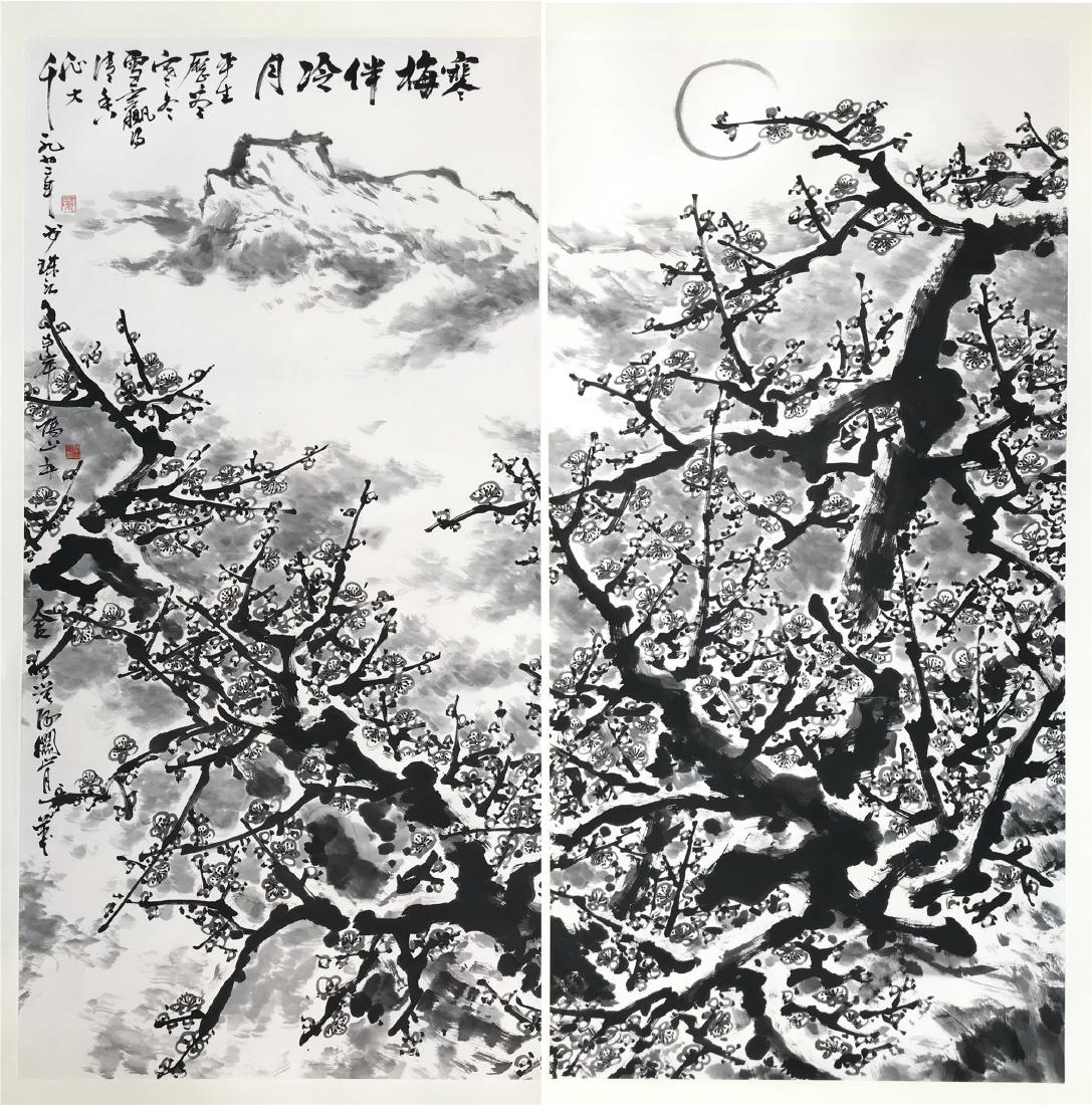 TWO PANELS OF CHINESE SCROLL PAINTING OF PLUM (1 of 7)