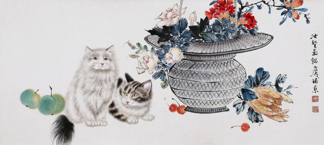 CHINESE SCROLL PAINTING OF CAT AND FLOWER (1 of 5)