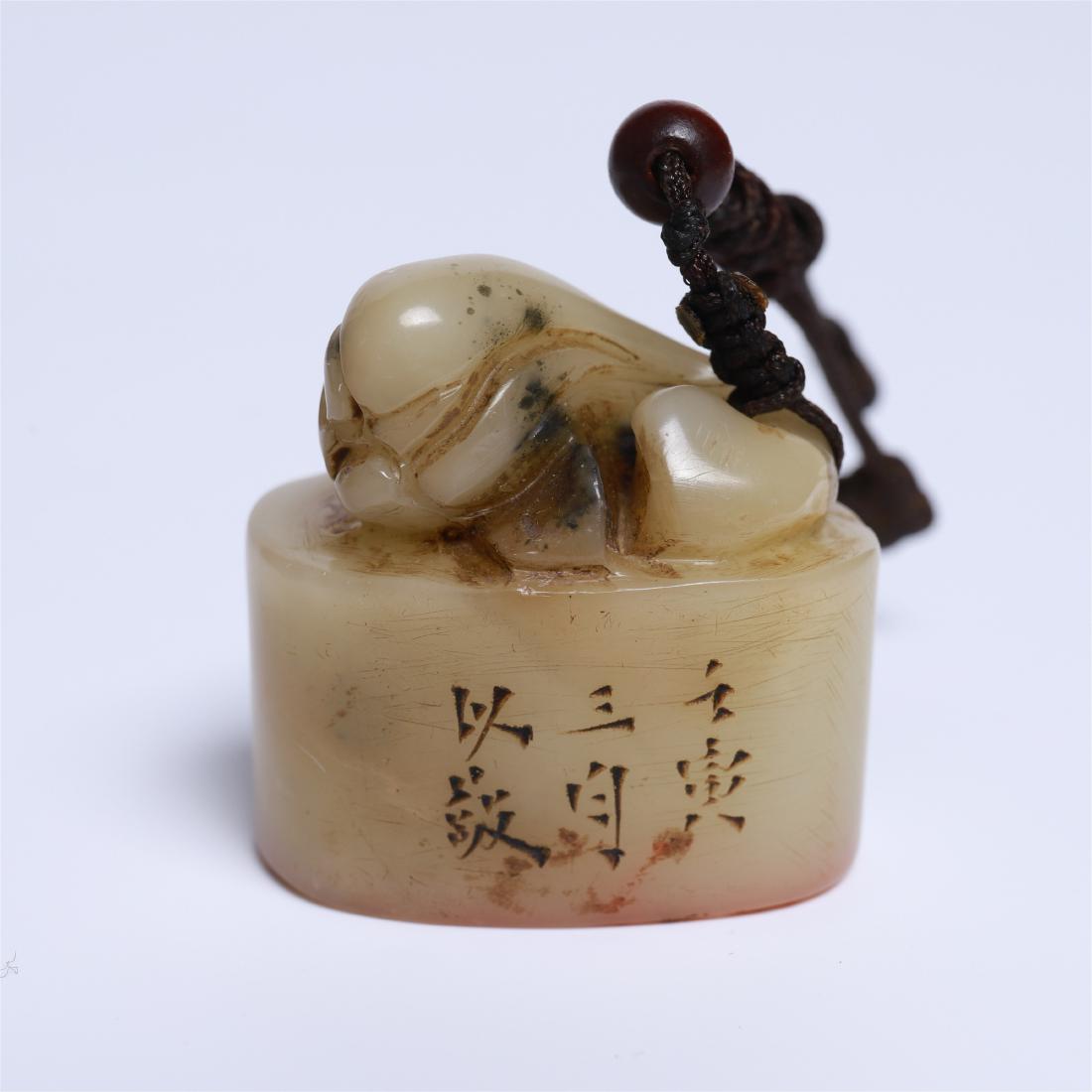 CHINESE SOAPSTONE SEAL: CHINESE SOAPSTONE SEAL. H. 3.2 cm. W. 1.8 cm. L. 3.2 cm. Domestic shipping $30 and oversea $100. Combined shipping available. Pick-up available in our NJ warehouse. We accept pre-sale offer, phone bid