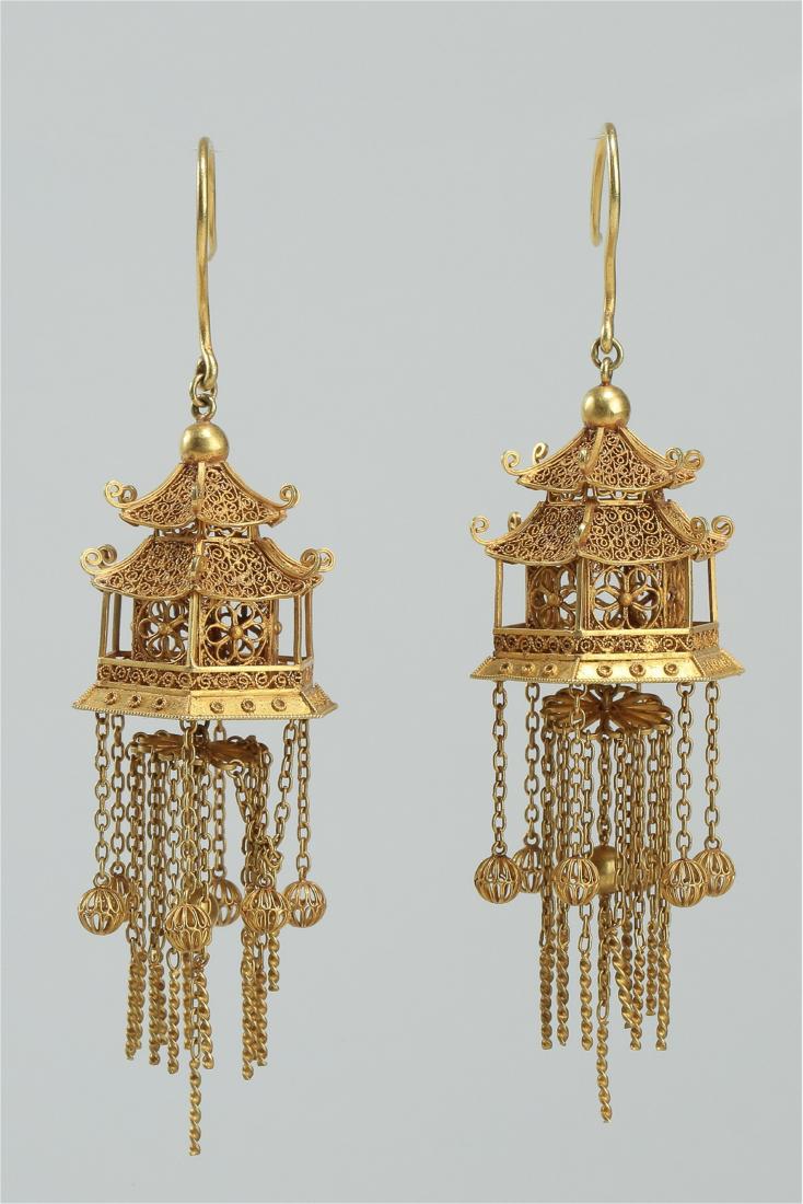 PAIR OF CHINESE PURE GOLD EARRINGS QING DYNASTY