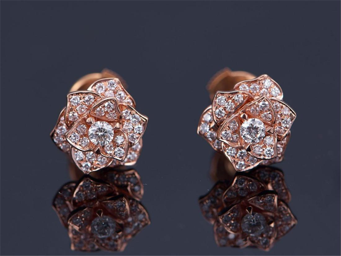 PIAGET 18K ROSE GOLD DIAMOND EARRINGS: PIAGET 18K ROSE GOLD DIAMOND EARRINGS. Weight 3.6 gram. Diamond 0.45 ct/72p. Free shipping. We accept pre-sale offer, phone bidding and post sale offer to save 5% Internet bidding fee. Note: We gurant