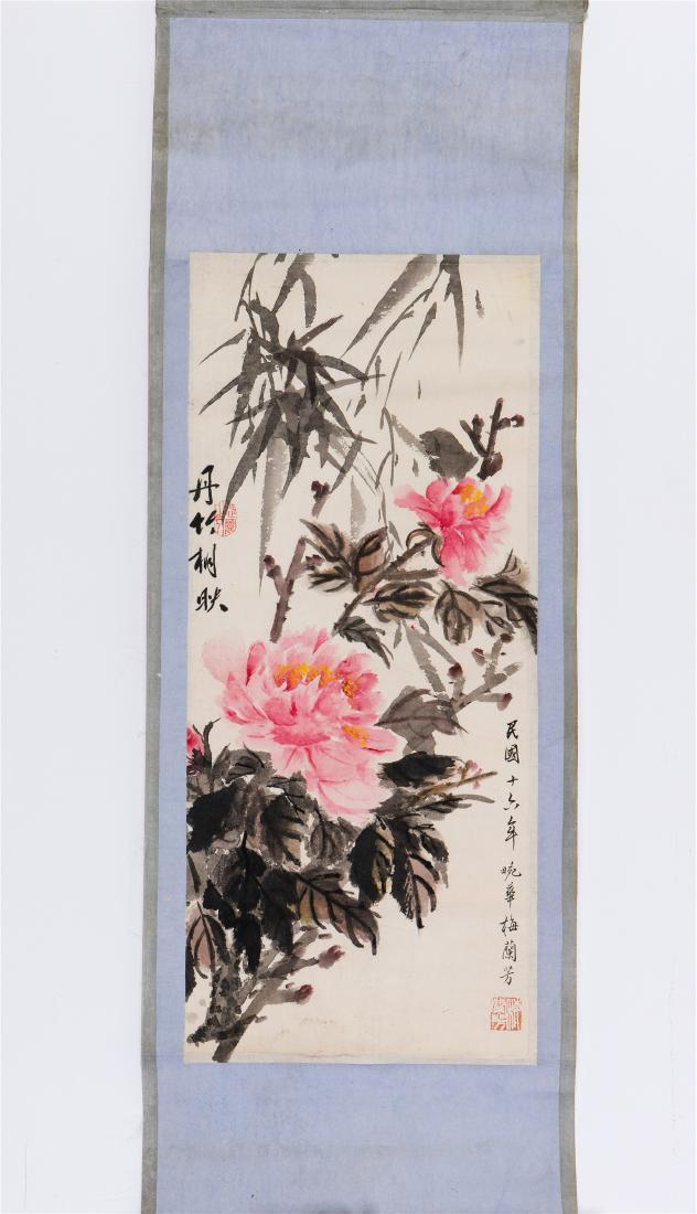CHINESE SCROLL PAINTING OF FLOWER: CHINESE SCROLL PAINTING OF FLOWER. Image only size 28 cm by 62 cm. Signed and dated. Domestic shipping $30 and oversea $100. Combined shipping available. Pick-up available in our NJ warehouse. We acce