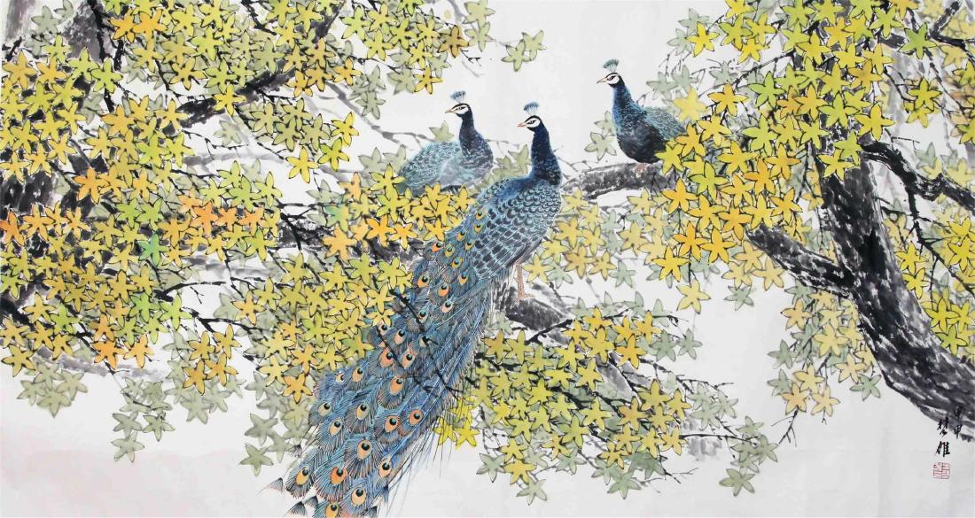 CHINESE SCROLL PAINTING OF PEACOCK ON TREE (1 of 5)