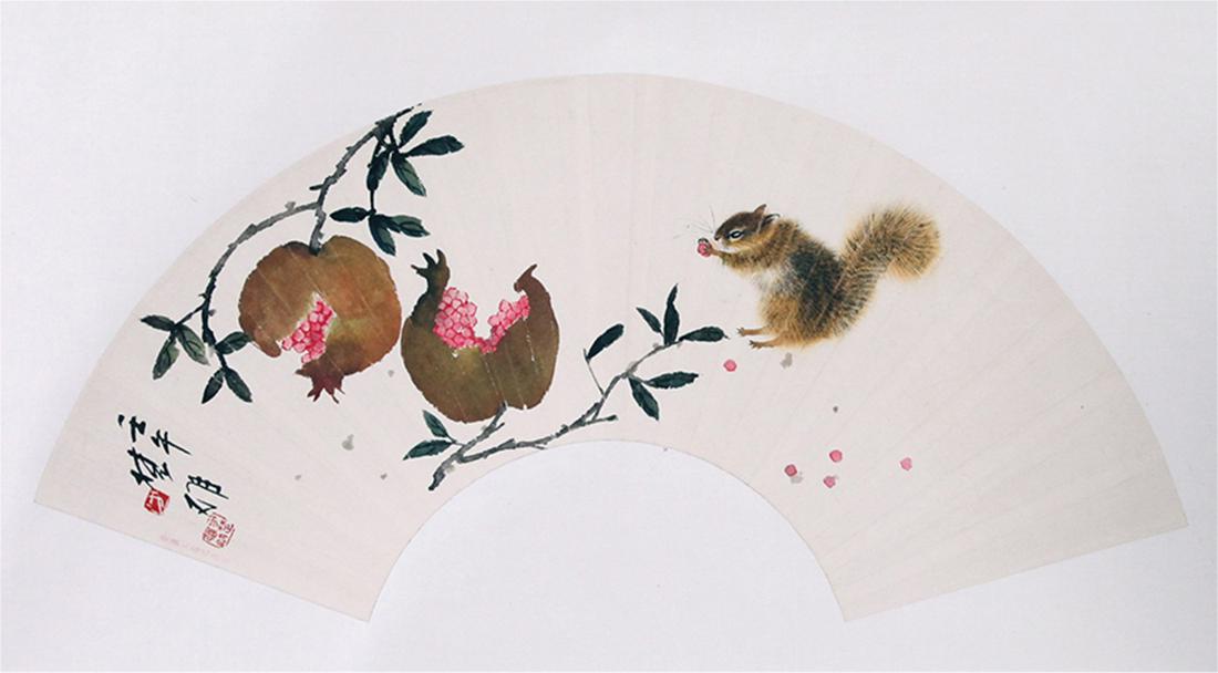 CHINESE FAN PAINTING OF SQUIRREL AND FRUIT: CHINESE FAN PAINTING OF SQUIRREL AND FRUIT. Image only size 59 cm by 18 cm. Domestic shipping $20 and oversea $60. Combined shipping available. Pick-up available in our NJ warehouse. We accept pre-sal