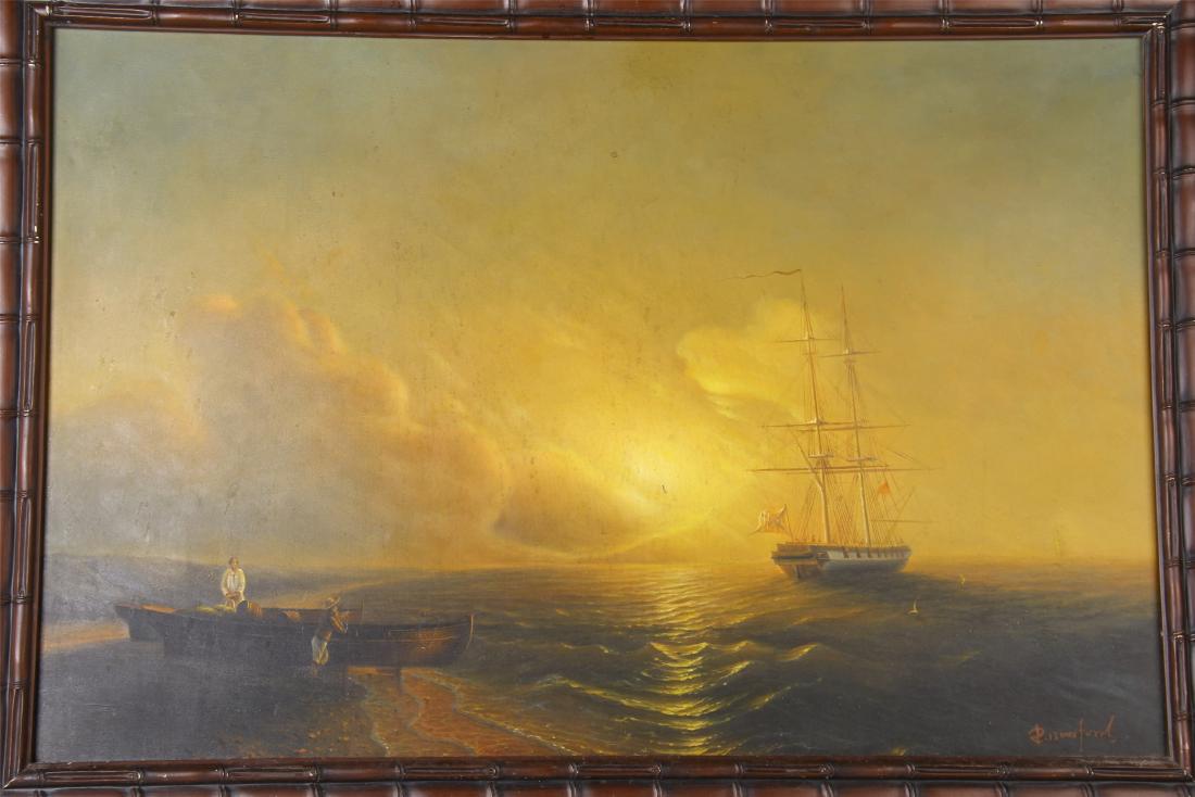 CHINESE EXPORT OIL PAINTING OF SAILLING ON CANVAS: CHINESE EXPORT OIL PAINTING OF SAILLING ON CANVAS. H. 58 cm. L. 88 cm. Domestic shipping $20 and oversea $60. Combined shipping available. Pick-up available in our NJ warehouse. We accept pre-sale off