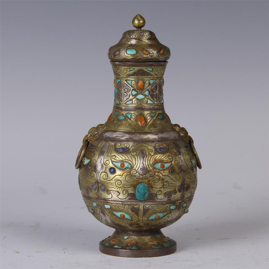 CHINESE GEM STONE INLAID GILT SILVER KETTLE (1 of 9)