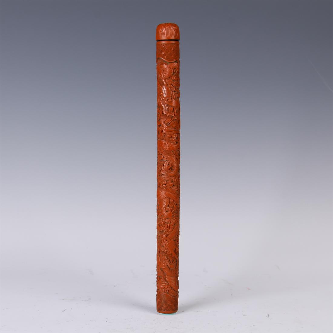 CHINESE CINNABAR INCENSE CAGE: CHINESE CINNABAR INCENSE CAGE. L. 34.3 cm. W. 2.6 cm. Weight 102 gram. Domestic shipping $20 and oversea $60. Combined shipping available. Pick-up available in our NJ warehouse. We accept pre-sale off
