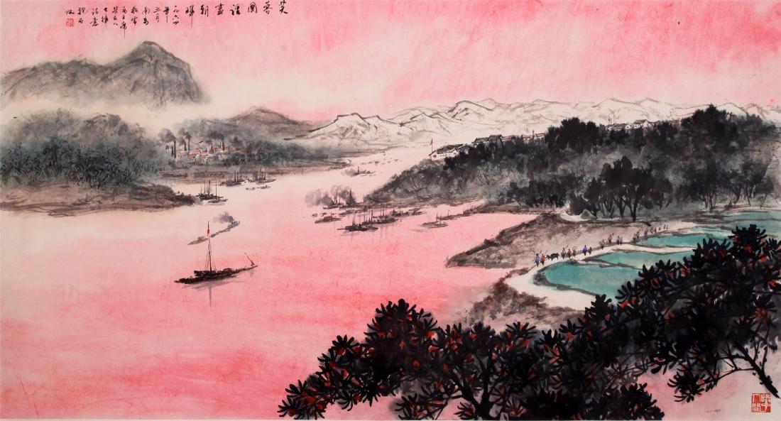 CHINESE SCROLL PAINTING OF LAKEVIEWS: CHINESE SCROLL PAINTING OF LAKEVIEWS. Image only size 76 cm by 144 cm. Domestic shipping $20 and oversea $60. Combined shipping available. Pick-up available in our NJ warehouse. We accept pre-sale off