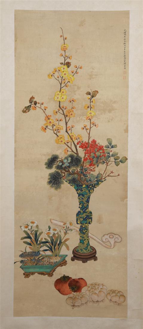 CHINESE SCROLL PAINTING OF FLOWER IN VASE (1 of 7)