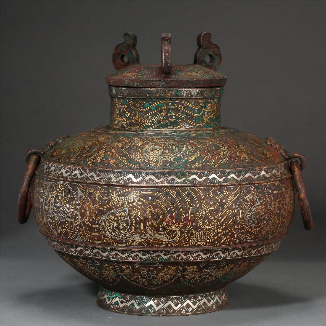 CHINESE BRONZE GOLD SILVER LIDDED JAR HAN DYNASTY (1 of 9)
