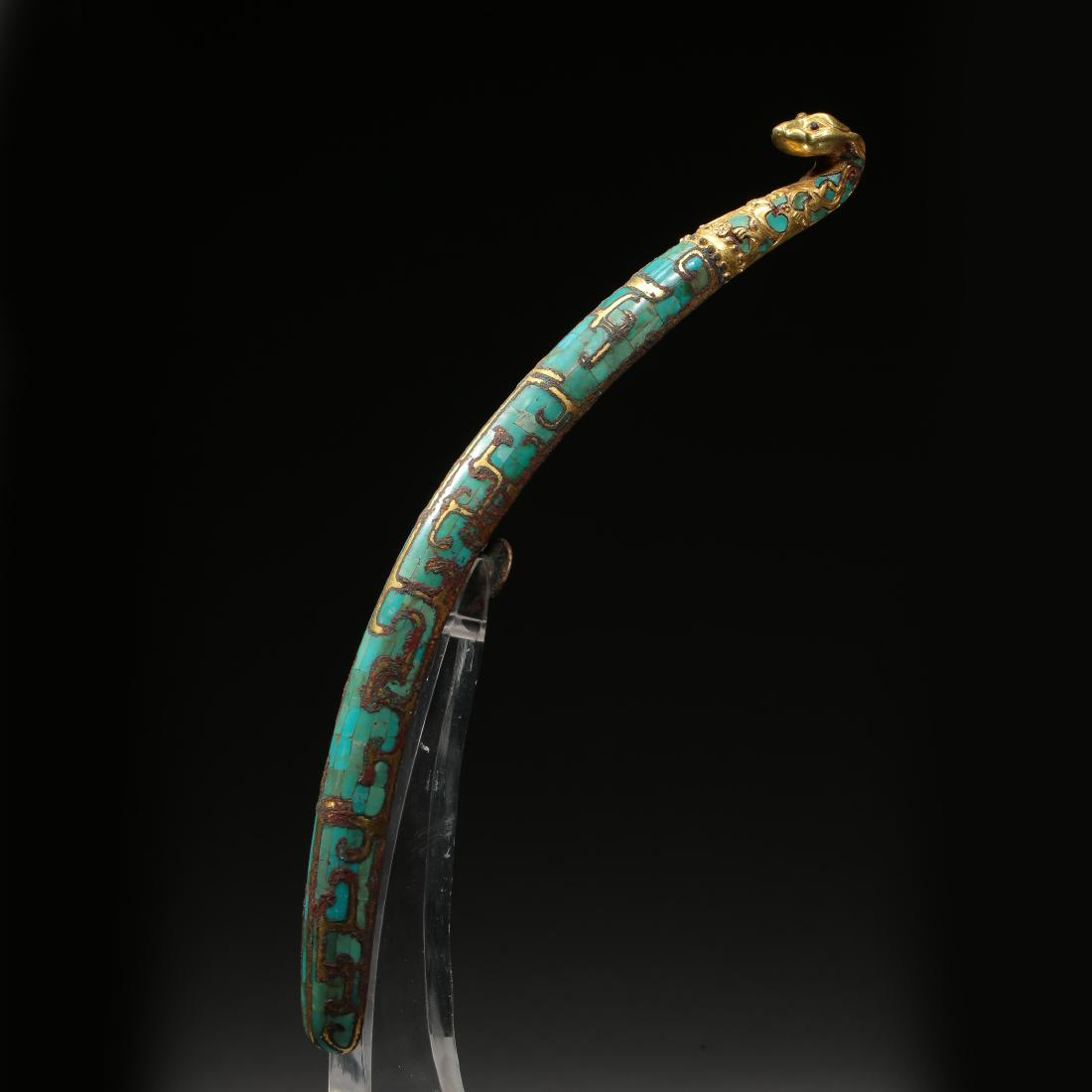 CHINESE TURQUOISE INLAID BRONZE GOLD DRAGON BELT HOOK (1 of 10)